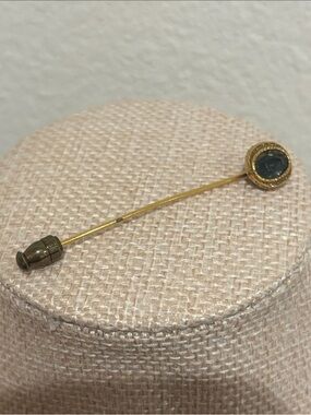 Vintage Gold Tone Round Bezel Rhinestone Stick Pin with End Clutch Guard